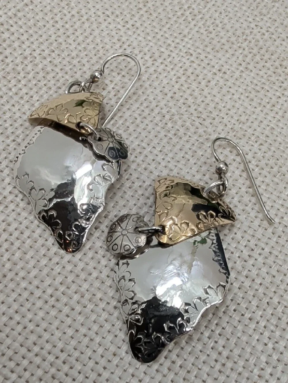 Vintage Hand-Hammered 925 Sterling Two-Tone Shield Dangle Earrings
